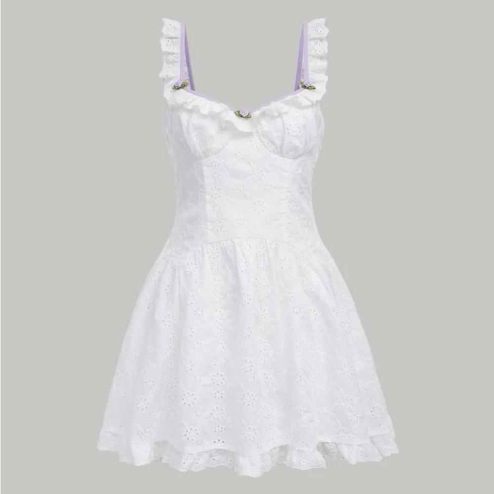 Cottagecore eyelet lace mini dress with pastel purple rosette flowers